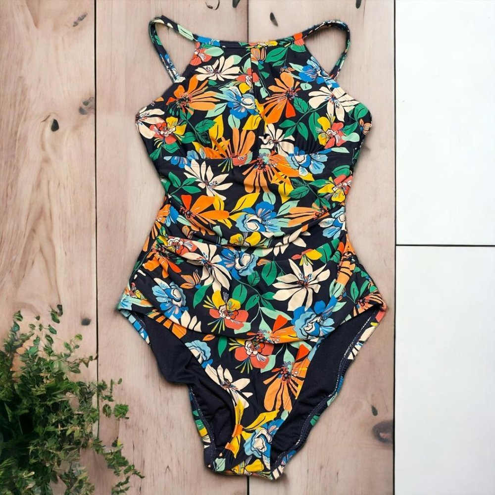 NWOT Ellen Tracy Navy Blue swimsuit with Floral Print - Size 6